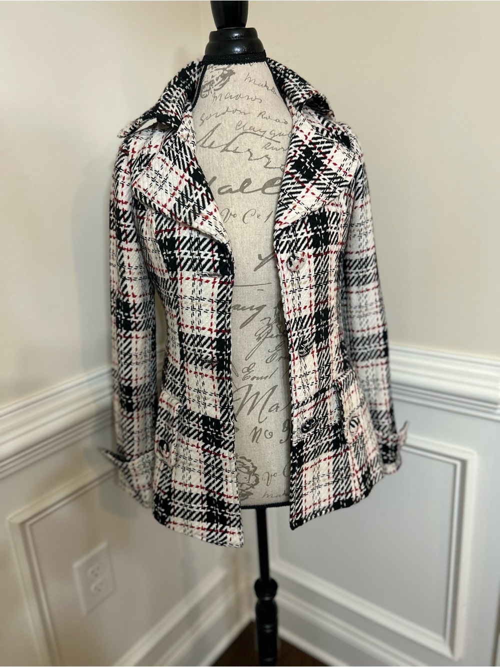 Forever 21 Black, White & Red Plaid Pea Coat